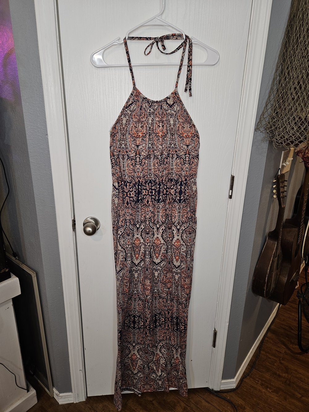 Maurices Halter Maxi Dress in Navy and Coral Paisley